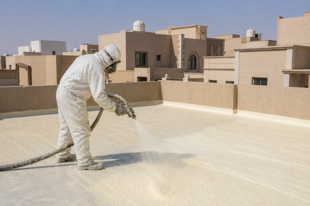 عامل يرش عزل فوم على سطح مستودع تجاري في الرياض